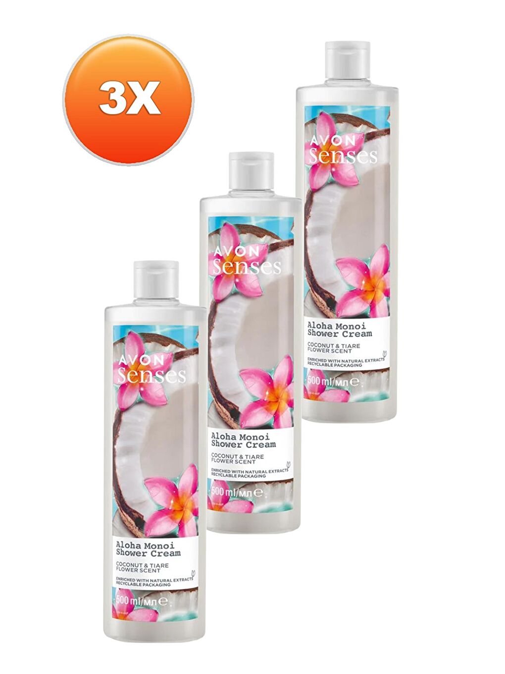 AVON Senses Aloha Monoi Tiare Çiçeği ve Hindistan Cevizi Kokulu Krem Duş Jeli 500 Ml. Üçlü Set - 1