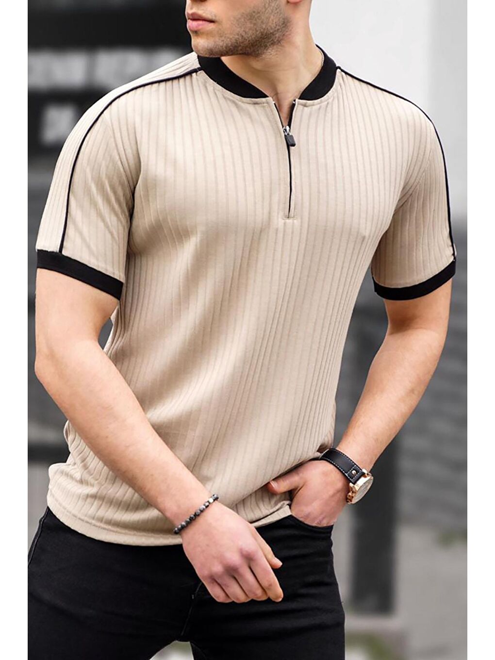 Bej Fermuar Yaka Erkek Penye Tişört-2