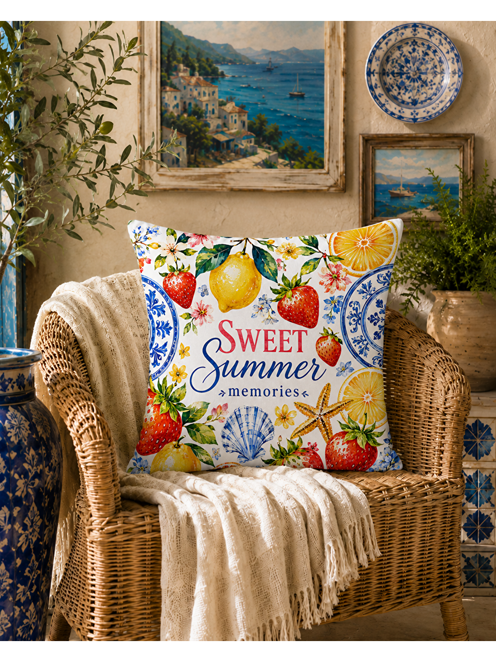 Turkuaz Limon Desenli Sarı Baskılı Kırlent Kılıfı 43x43 cm