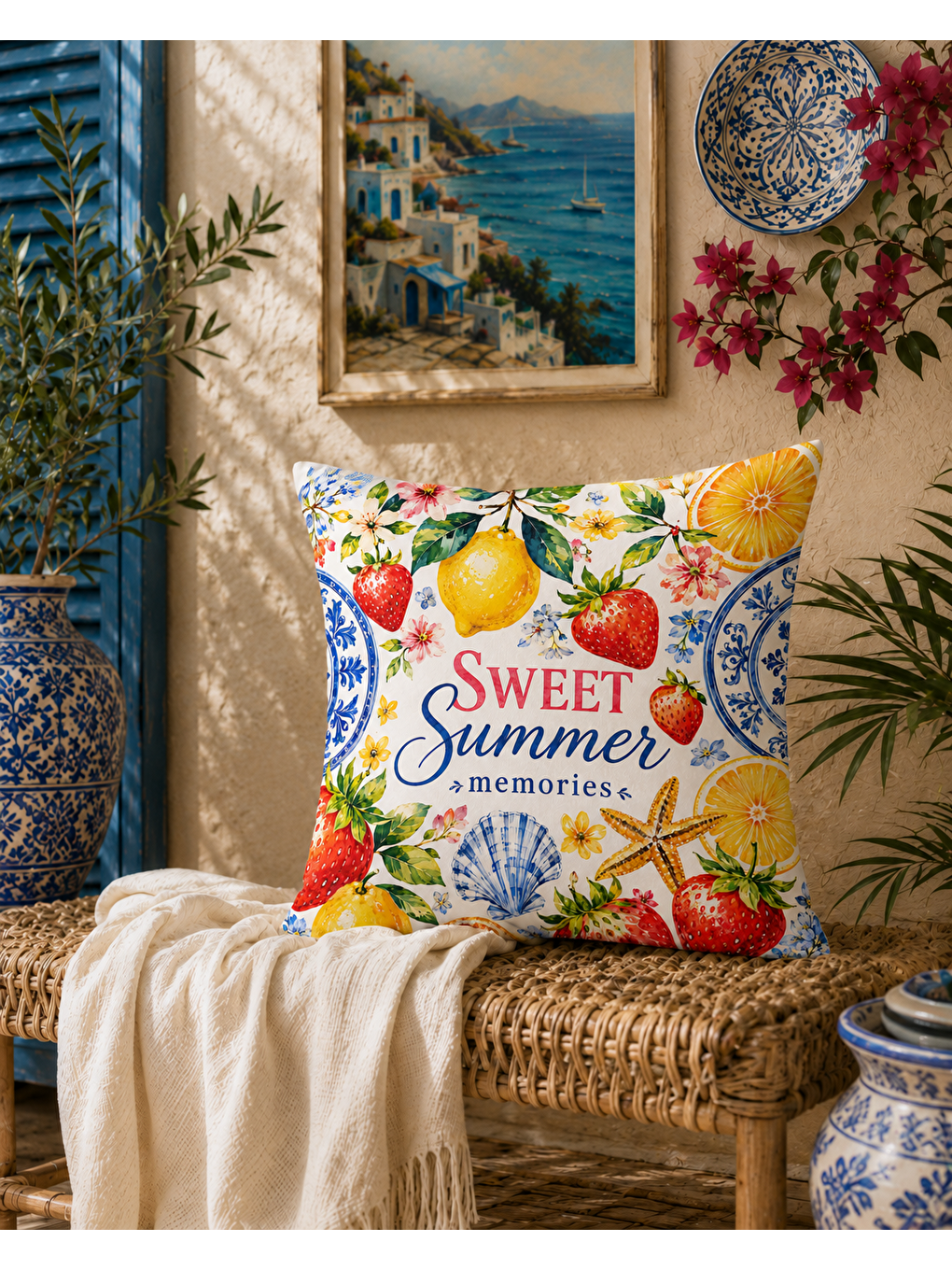 Turkuaz Limon Desenli Sarı Baskılı Kırlent Kılıfı 43x43 cm-1