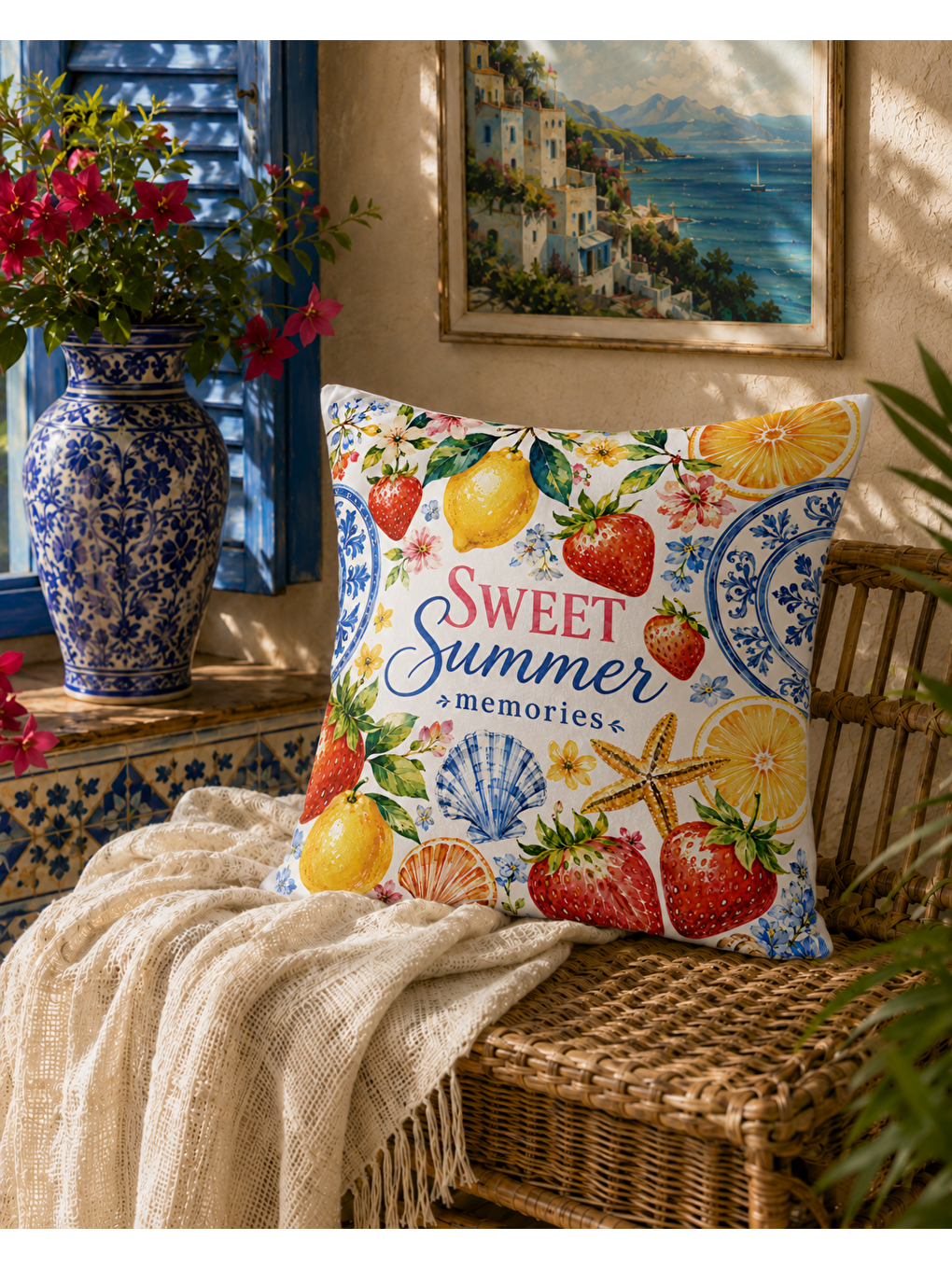 Turkuaz Limon Desenli Sarı Baskılı Kırlent Kılıfı 43x43 cm-2