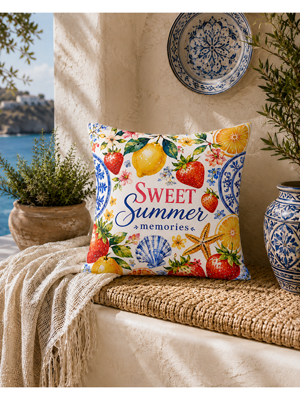 Turkuaz Limon Desenli Sarı Baskılı Kırlent Kılıfı 43x43 cm-3