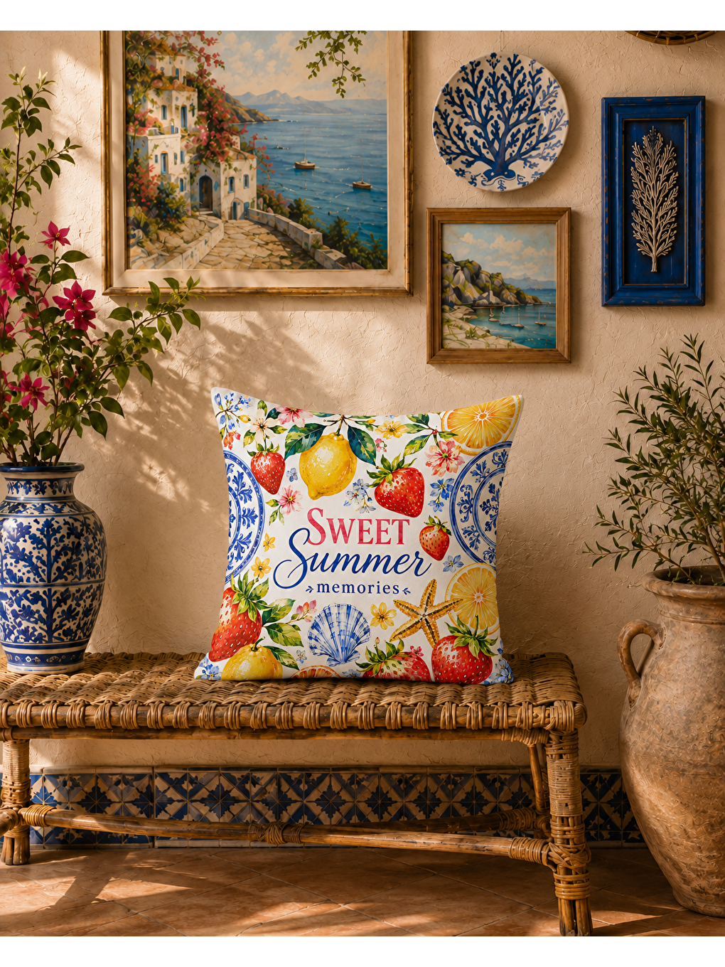 Turkuaz Limon Desenli Sarı Baskılı Kırlent Kılıfı 43x43 cm-4