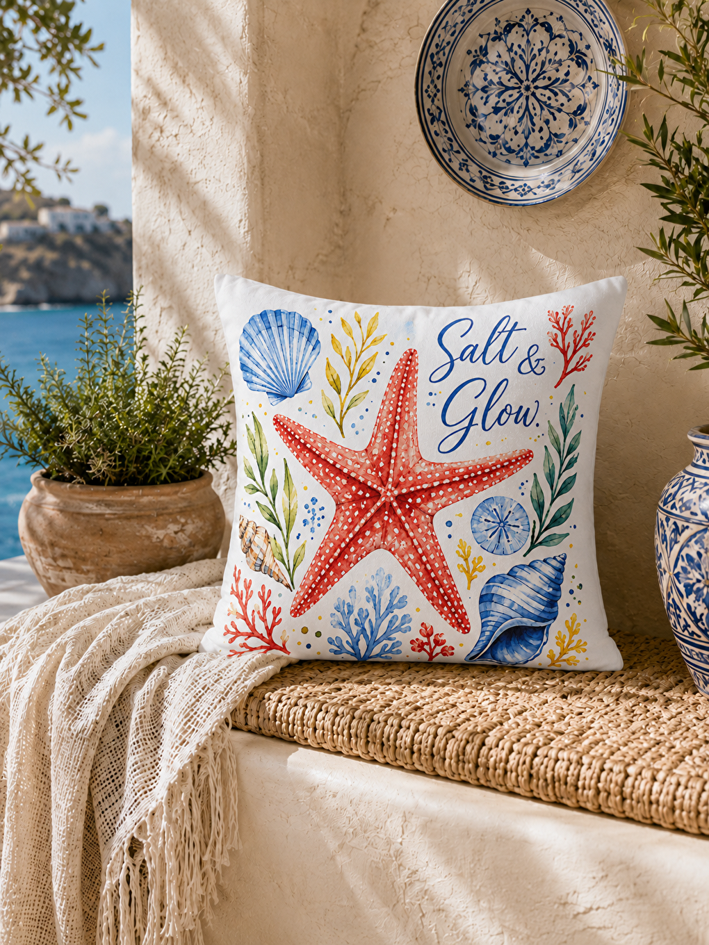Sarı Deniz Yıldızı Desenli Baskılı Kırlent Kılıfı 43x43 cm-2