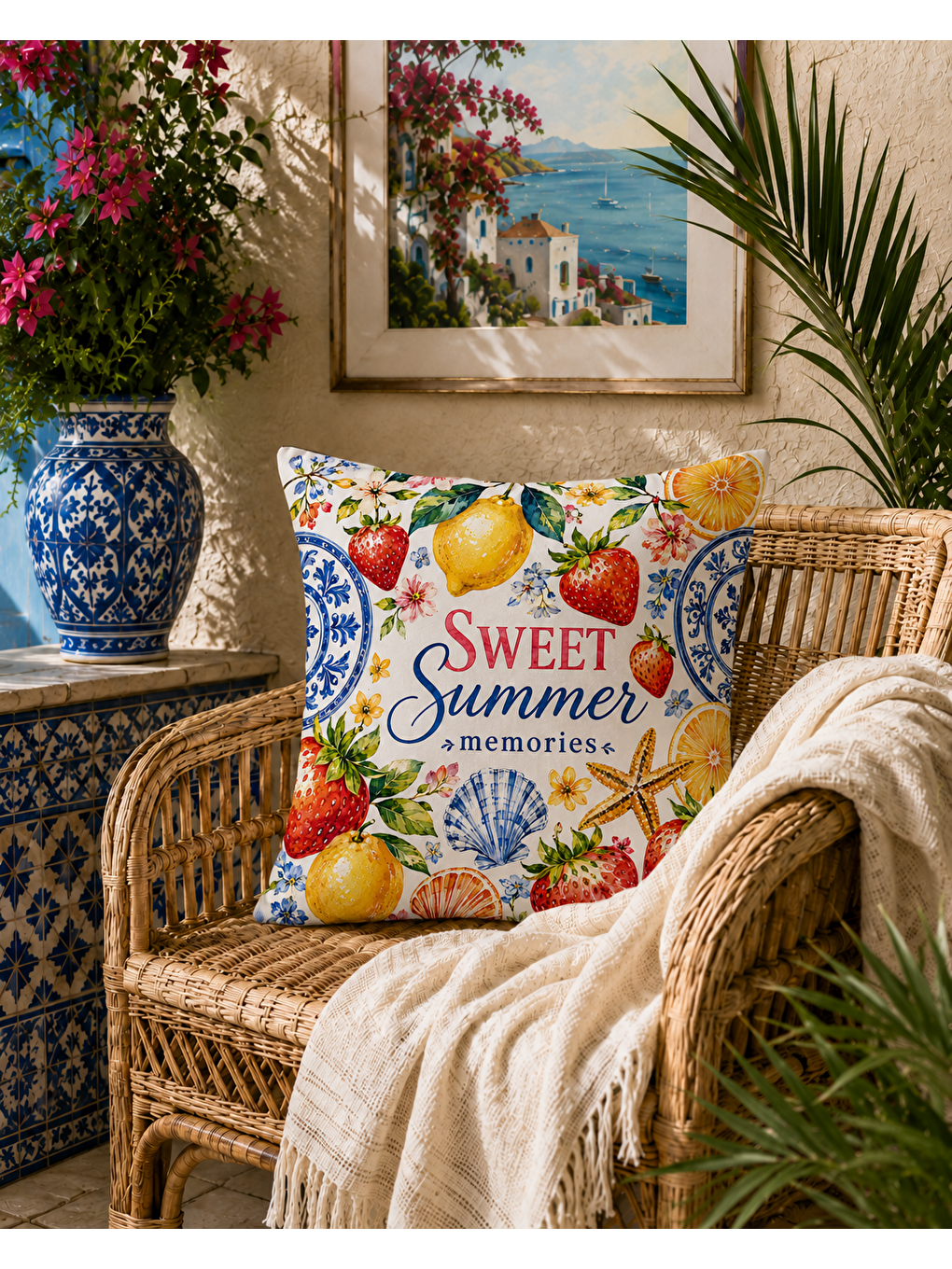 Turkuaz Limon Desenli Sarı Baskılı Kırlent Kılıfı 43x43 cm-5