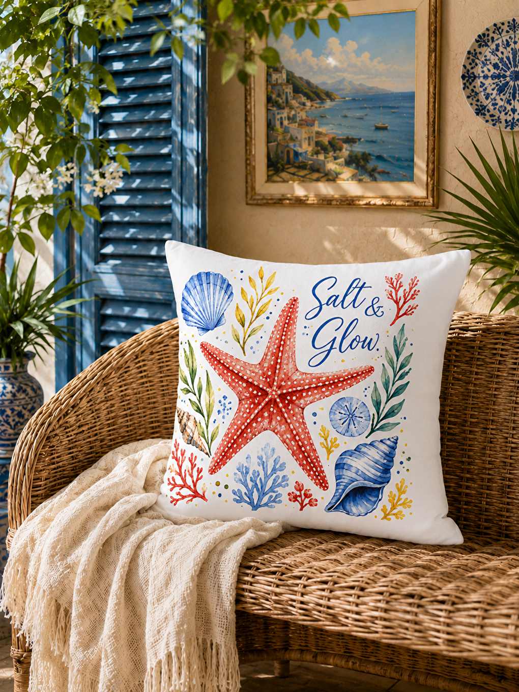 Sarı Deniz Yıldızı Desenli Baskılı Kırlent Kılıfı 43x43 cm-3