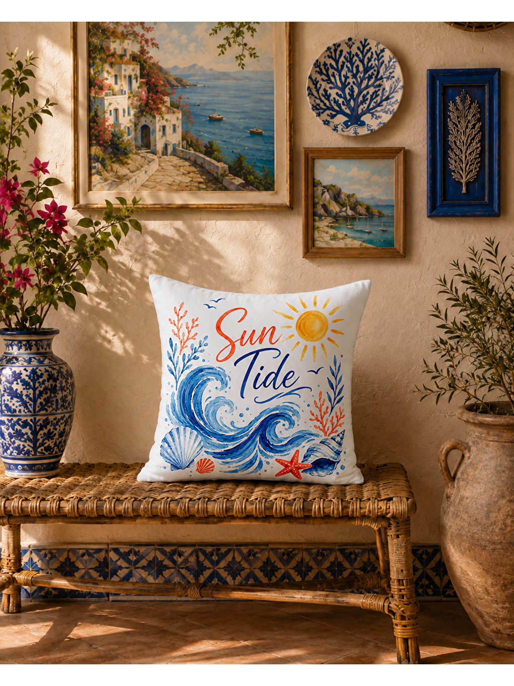Pembe Dalga Desenli Mavi Baskılı Kırlent Kılıfı 43x43 cm-1