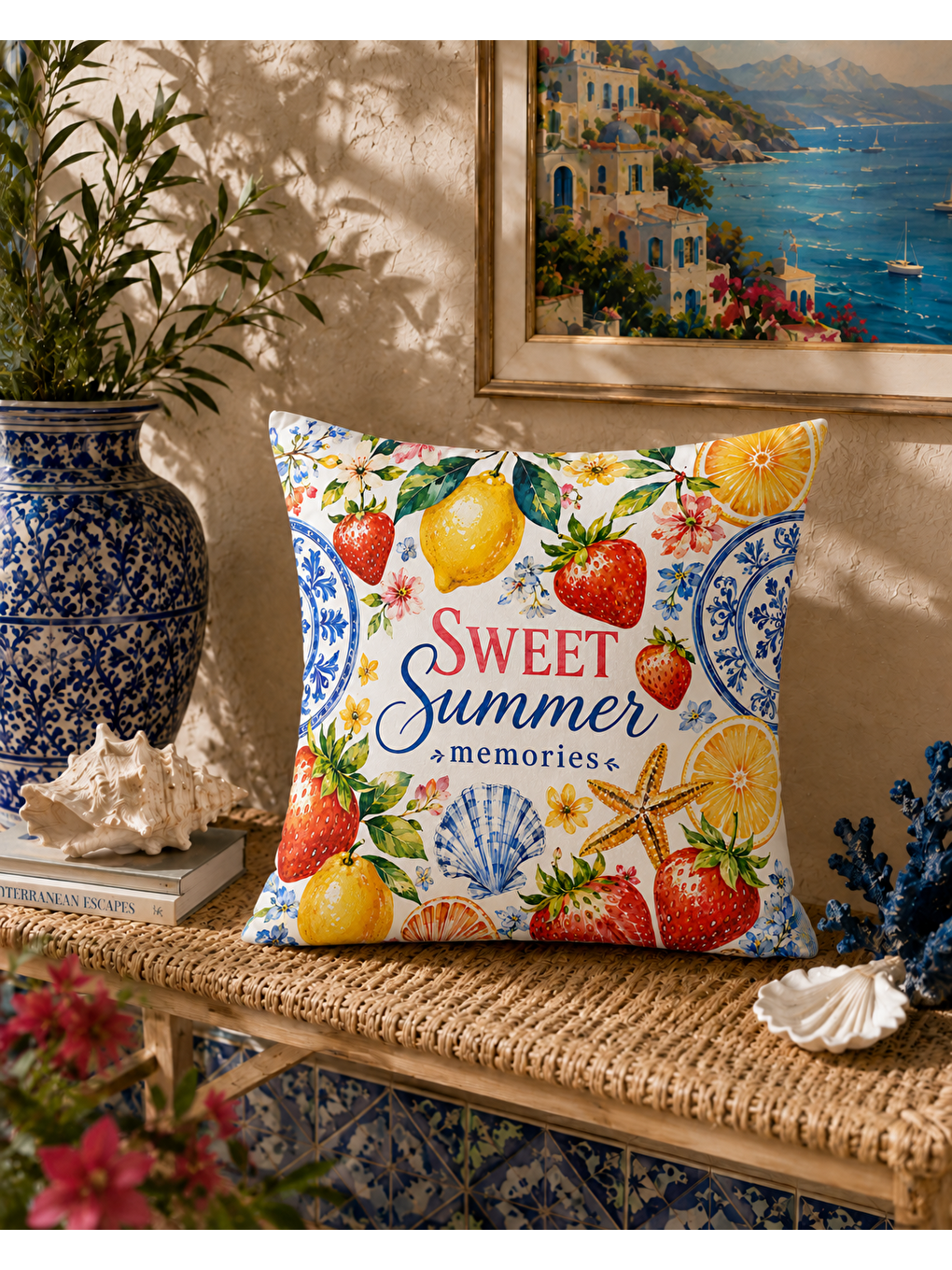 Turkuaz Limon Desenli Sarı Baskılı Kırlent Kılıfı 43x43 cm-6