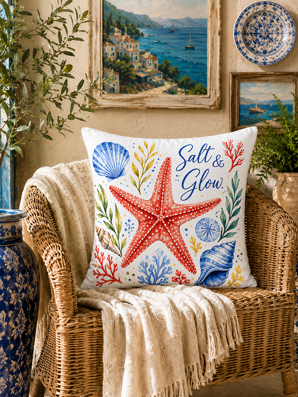 Sarı Deniz Yıldızı Desenli Baskılı Kırlent Kılıfı 43x43 cm-4