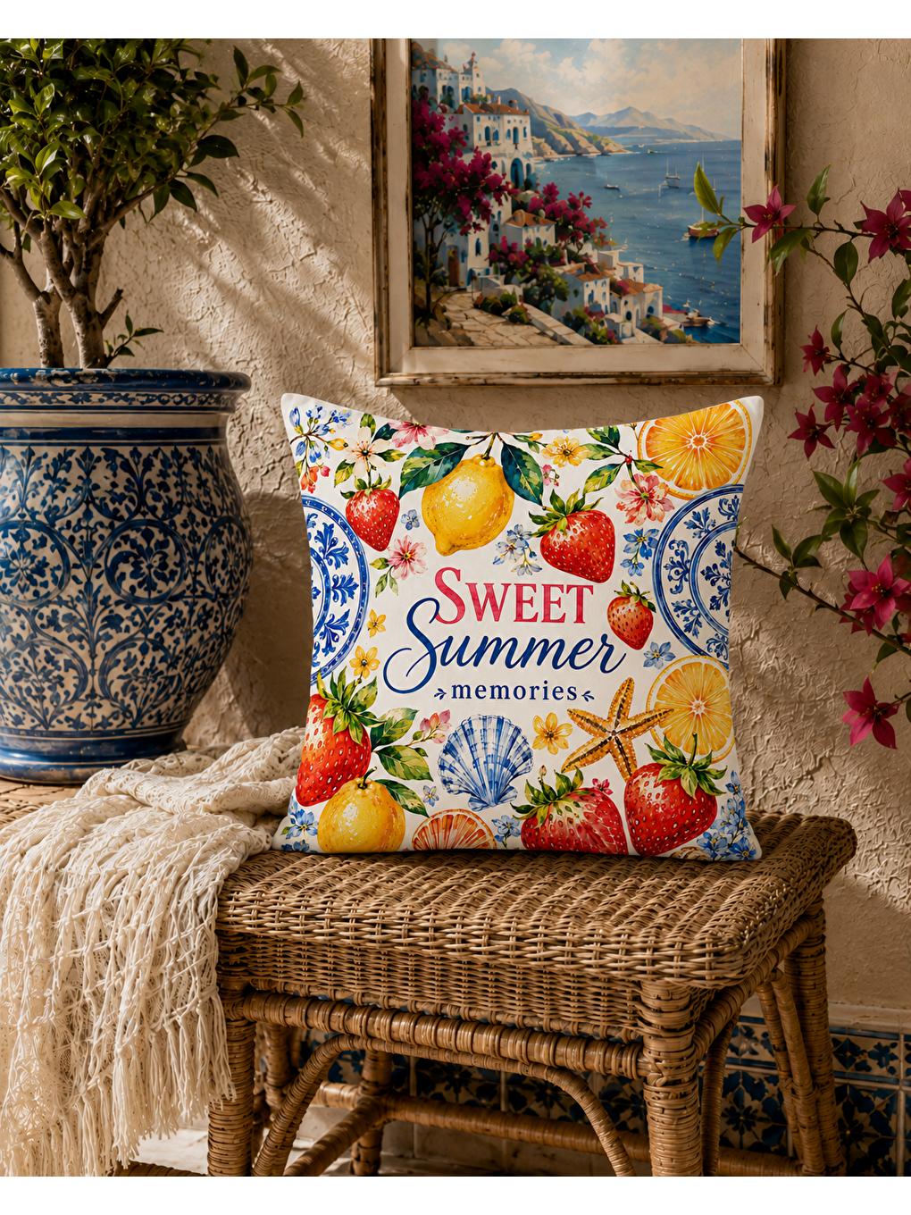 Turkuaz Limon Desenli Sarı Baskılı Kırlent Kılıfı 43x43 cm-7