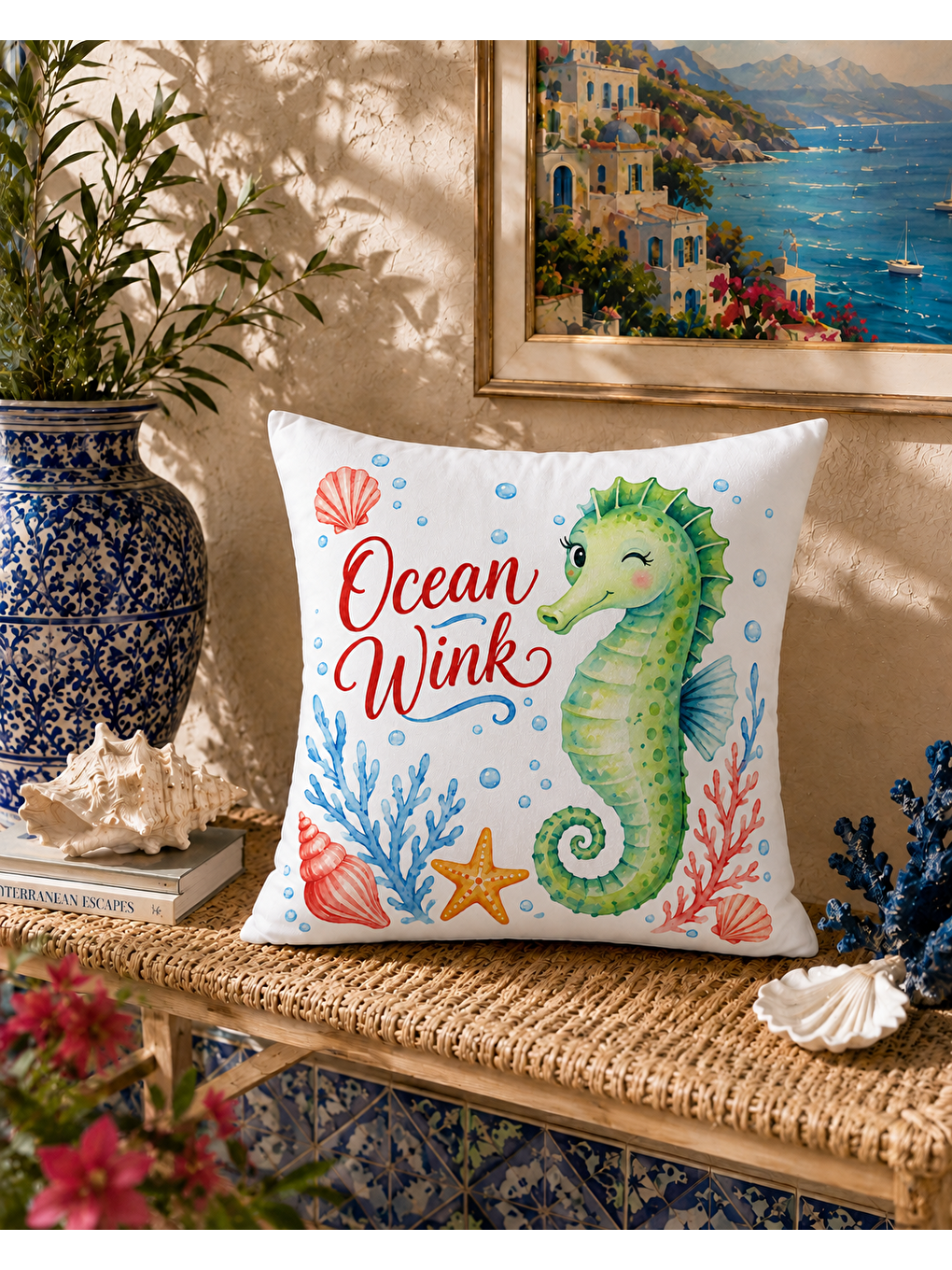 Kırmızı Denizatı Desenli Turuncu Baskılı Kırlent Kılıfı 43x43 cm-1