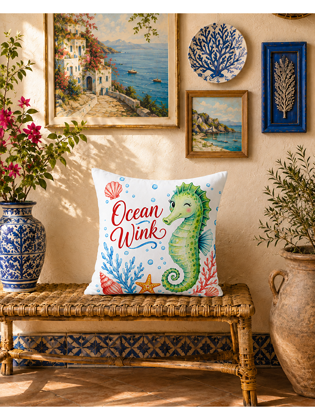 Kırmızı Denizatı Desenli Turuncu Baskılı Kırlent Kılıfı 43x43 cm-2