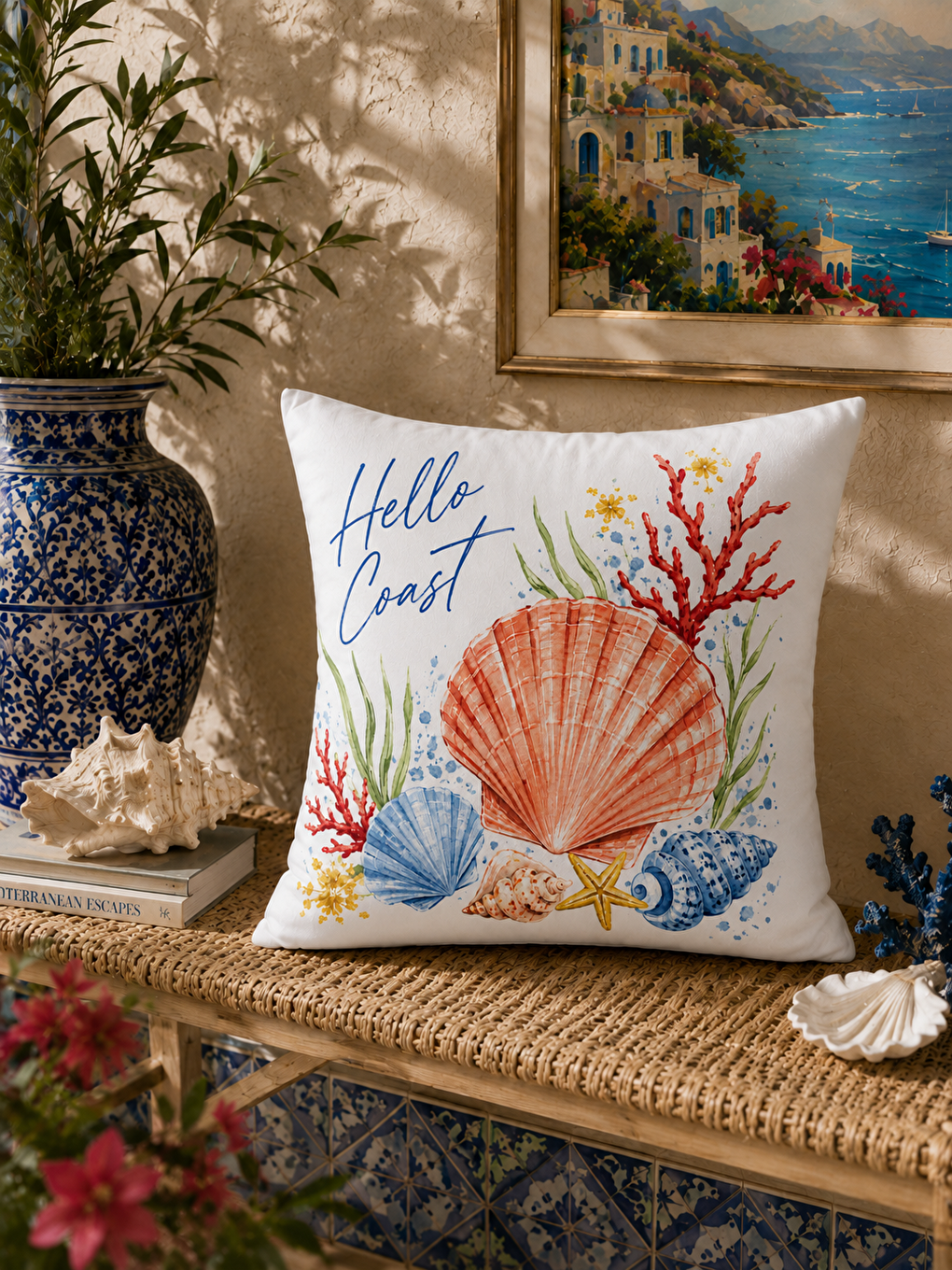 Turuncu Deniz Kabuğu Desenli Mercan Baskılı Kırlent Kılıfı 43x43 cm-1