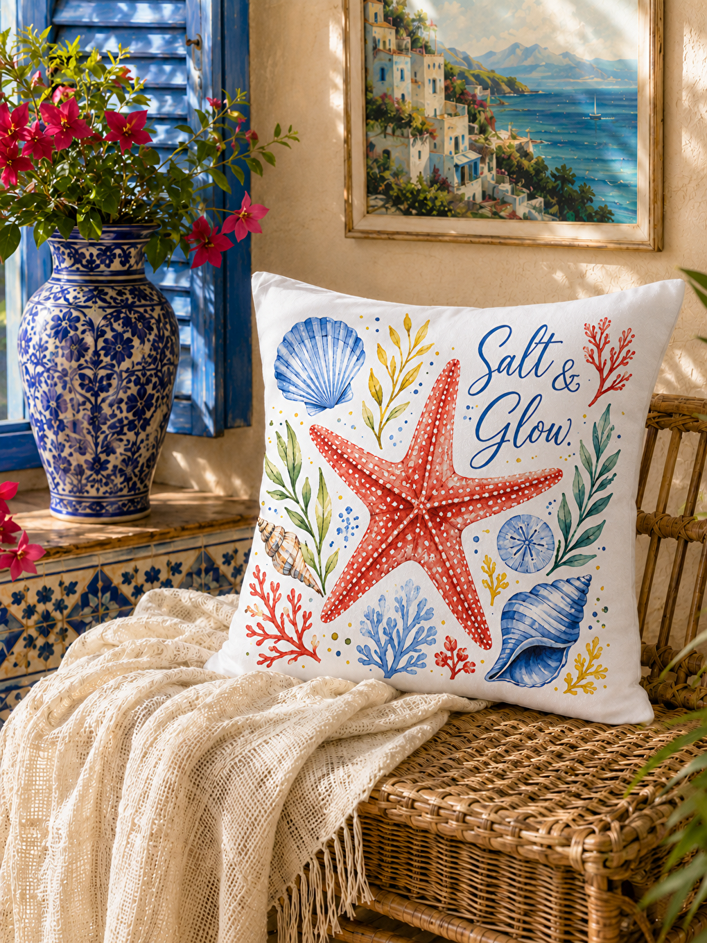 Sarı Deniz Yıldızı Desenli Baskılı Kırlent Kılıfı 43x43 cm-7