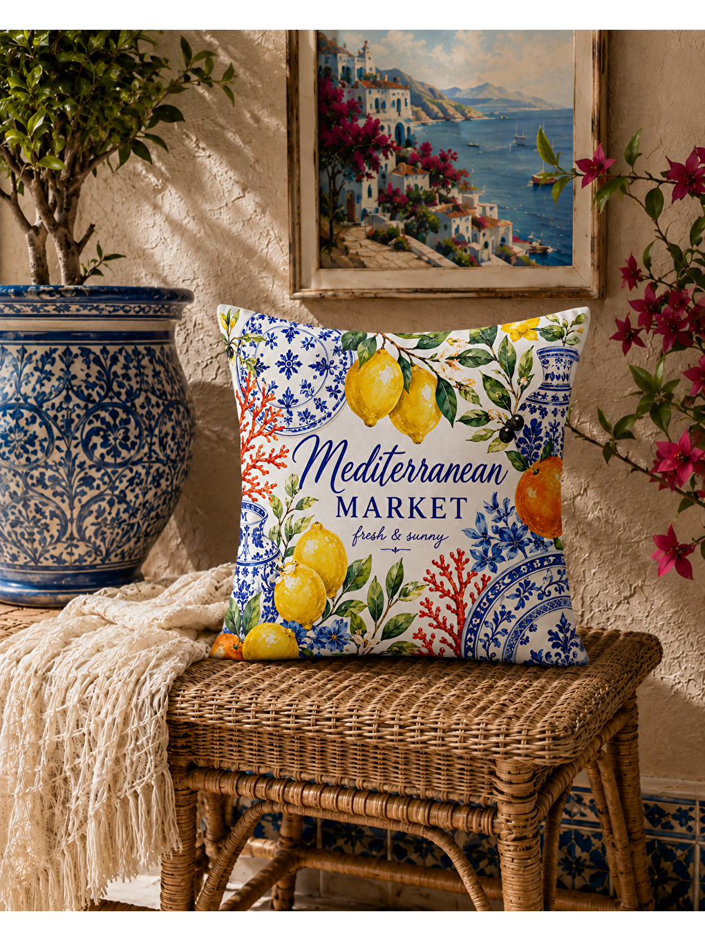 Lacivert Akdeniz Meyve Desenli Sarı Baskılı Kırlent Kılıfı 43x43 cm-1