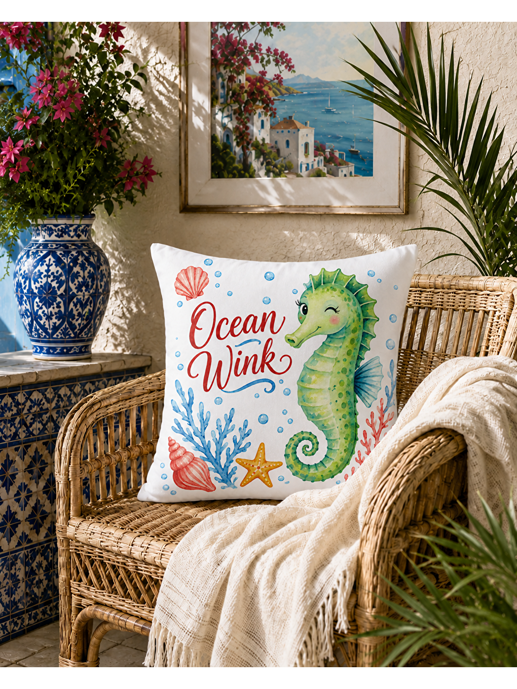 Kırmızı Denizatı Desenli Turuncu Baskılı Kırlent Kılıfı 43x43 cm-3