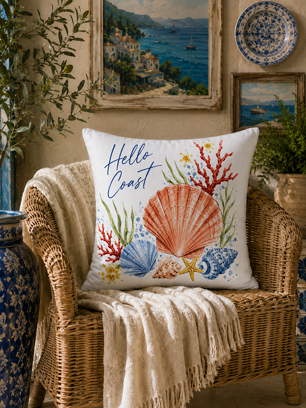 Turuncu Deniz Kabuğu Desenli Mercan Baskılı Kırlent Kılıfı 43x43 cm-2