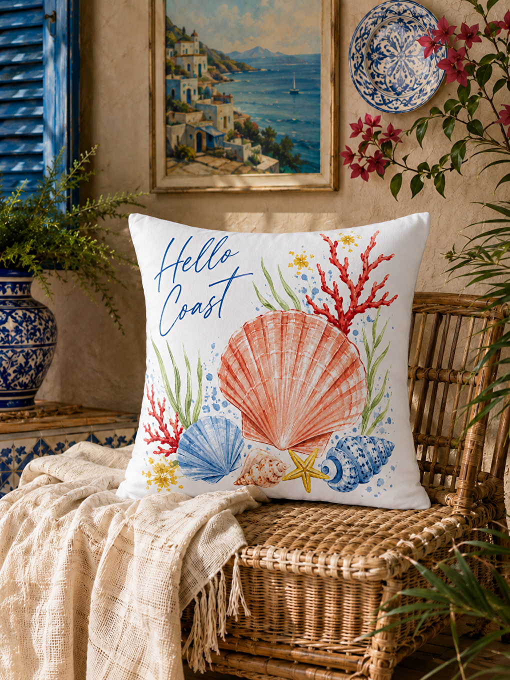 Turuncu Deniz Kabuğu Desenli Mercan Baskılı Kırlent Kılıfı 43x43 cm-3