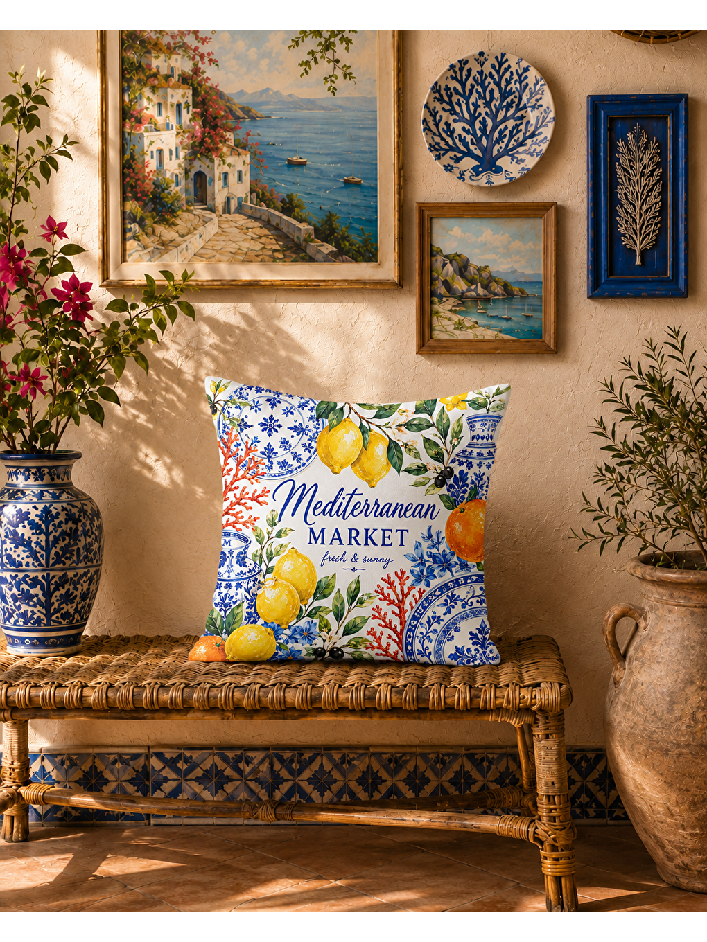 Lacivert Akdeniz Meyve Desenli Sarı Baskılı Kırlent Kılıfı 43x43 cm-3