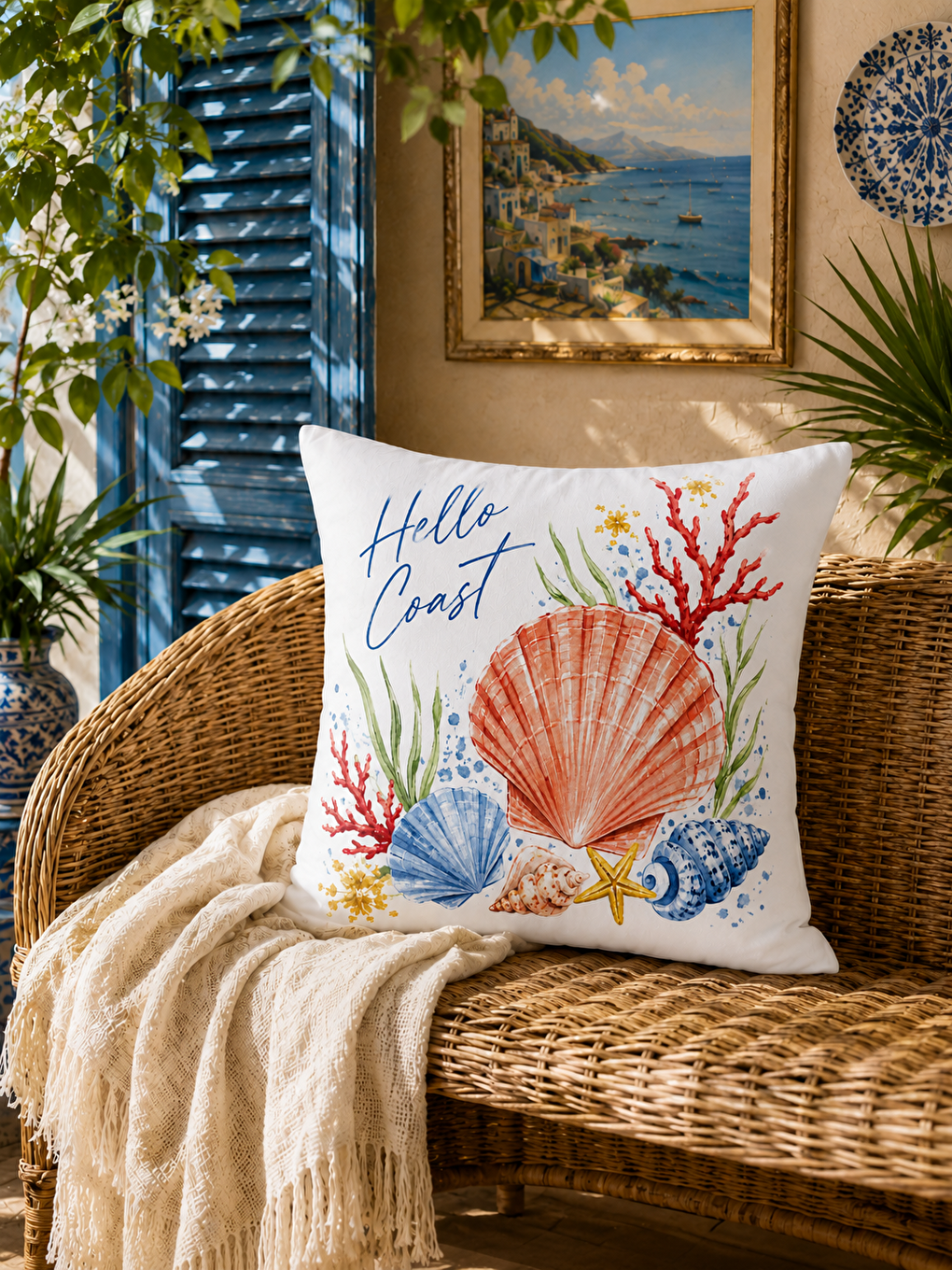 Turuncu Deniz Kabuğu Desenli Mercan Baskılı Kırlent Kılıfı 43x43 cm-4