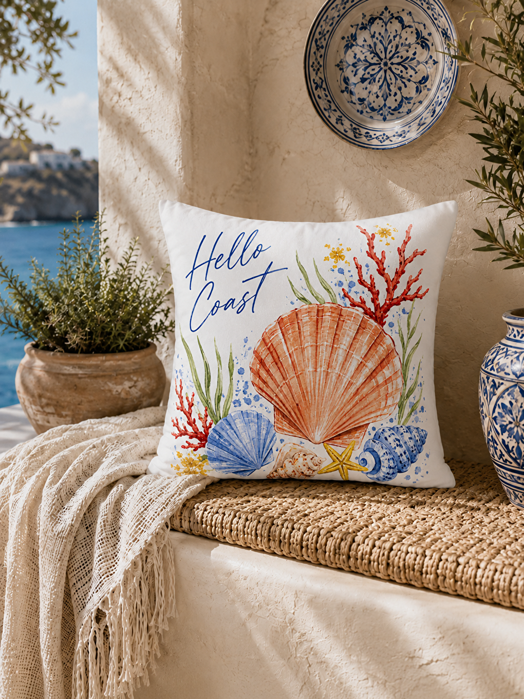 Turuncu Deniz Kabuğu Desenli Mercan Baskılı Kırlent Kılıfı 43x43 cm-5