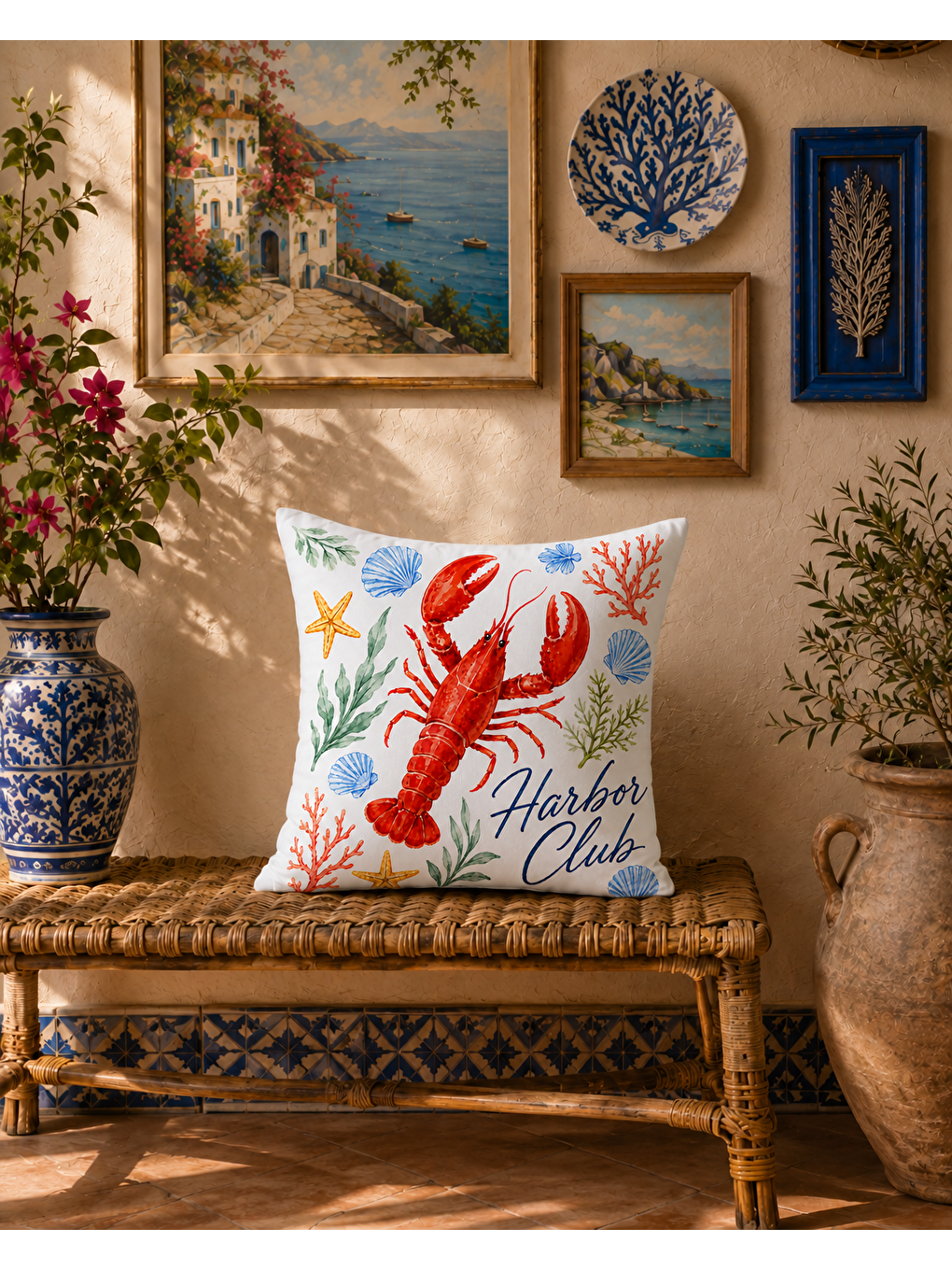 Mavi Istakoz Desenli Kırmızı Baskılı Kırlent Kılıfı 43x43 cm-7