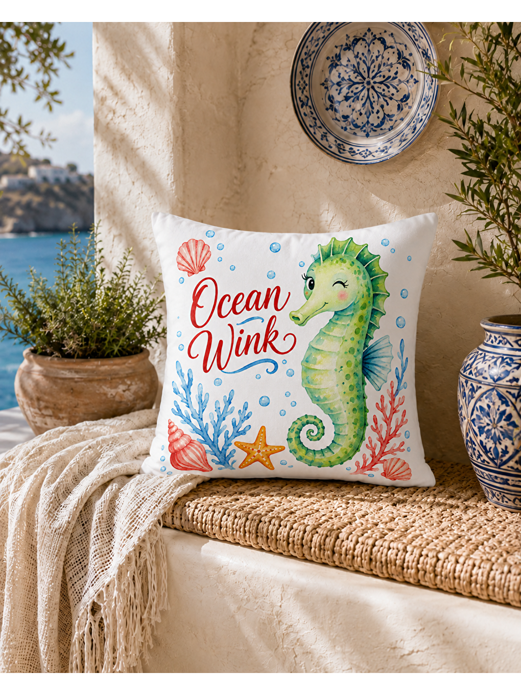 Kırmızı Denizatı Desenli Turuncu Baskılı Kırlent Kılıfı 43x43 cm-6