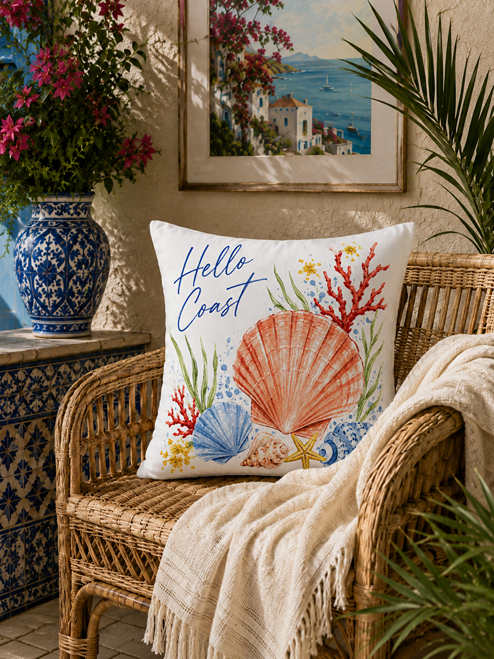 Turuncu Deniz Kabuğu Desenli Mercan Baskılı Kırlent Kılıfı 43x43 cm-6