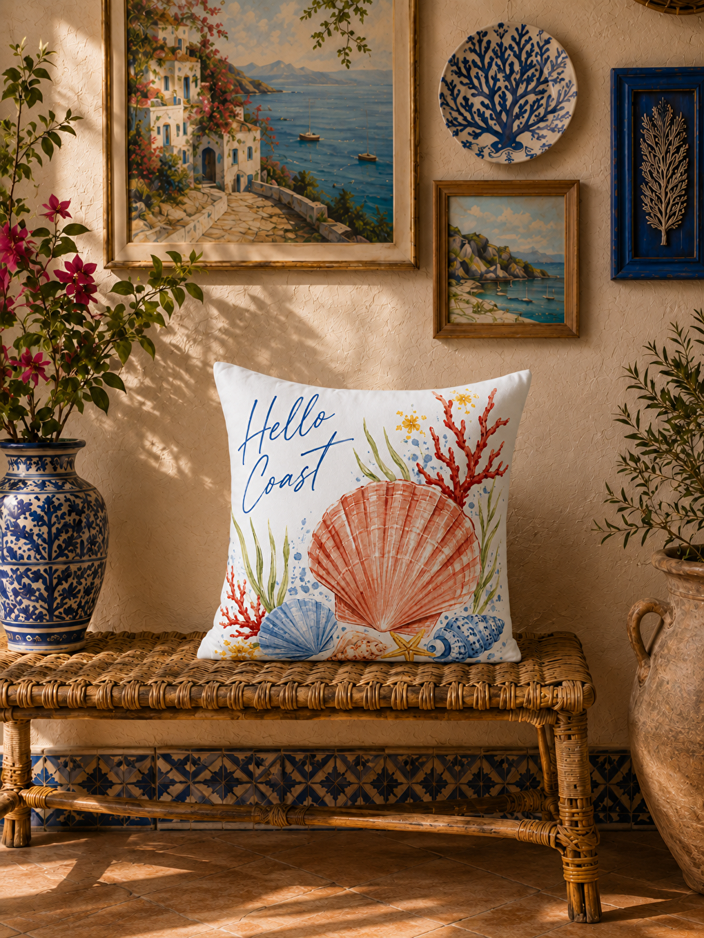 Turuncu Deniz Kabuğu Desenli Mercan Baskılı Kırlent Kılıfı 43x43 cm-7