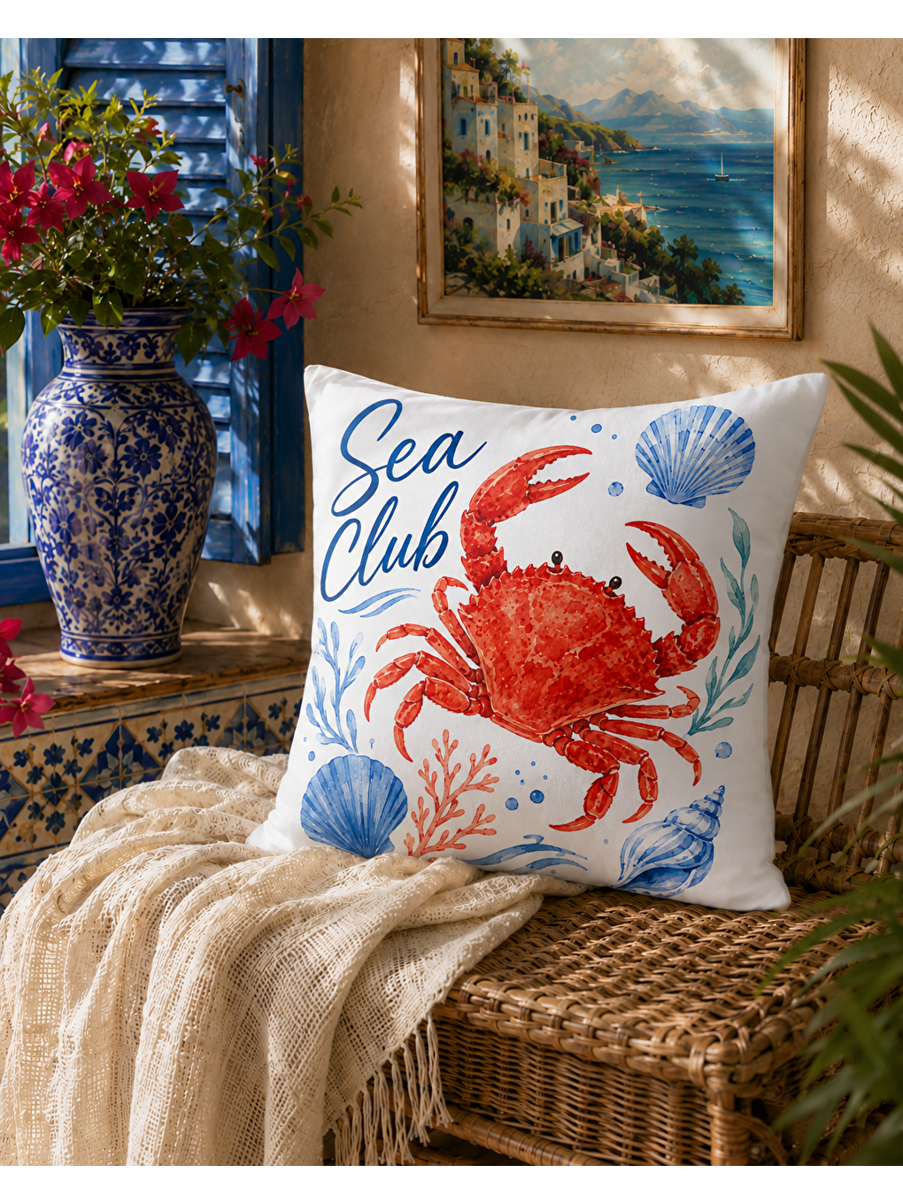Sarı Deniz Yengeci Desenli Baskılı Kırlent Kılıfı 43x43 cm