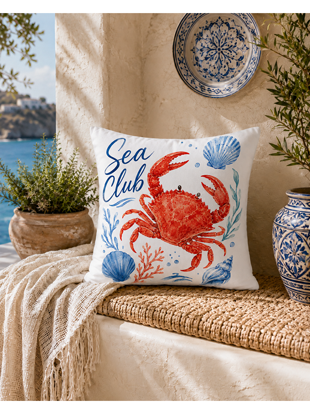 Sarı Deniz Yengeci Desenli Baskılı Kırlent Kılıfı 43x43 cm-1