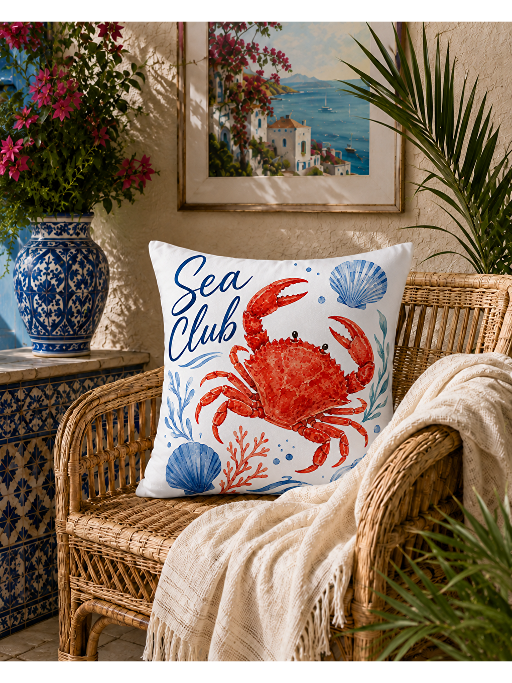 Sarı Deniz Yengeci Desenli Baskılı Kırlent Kılıfı 43x43 cm-3