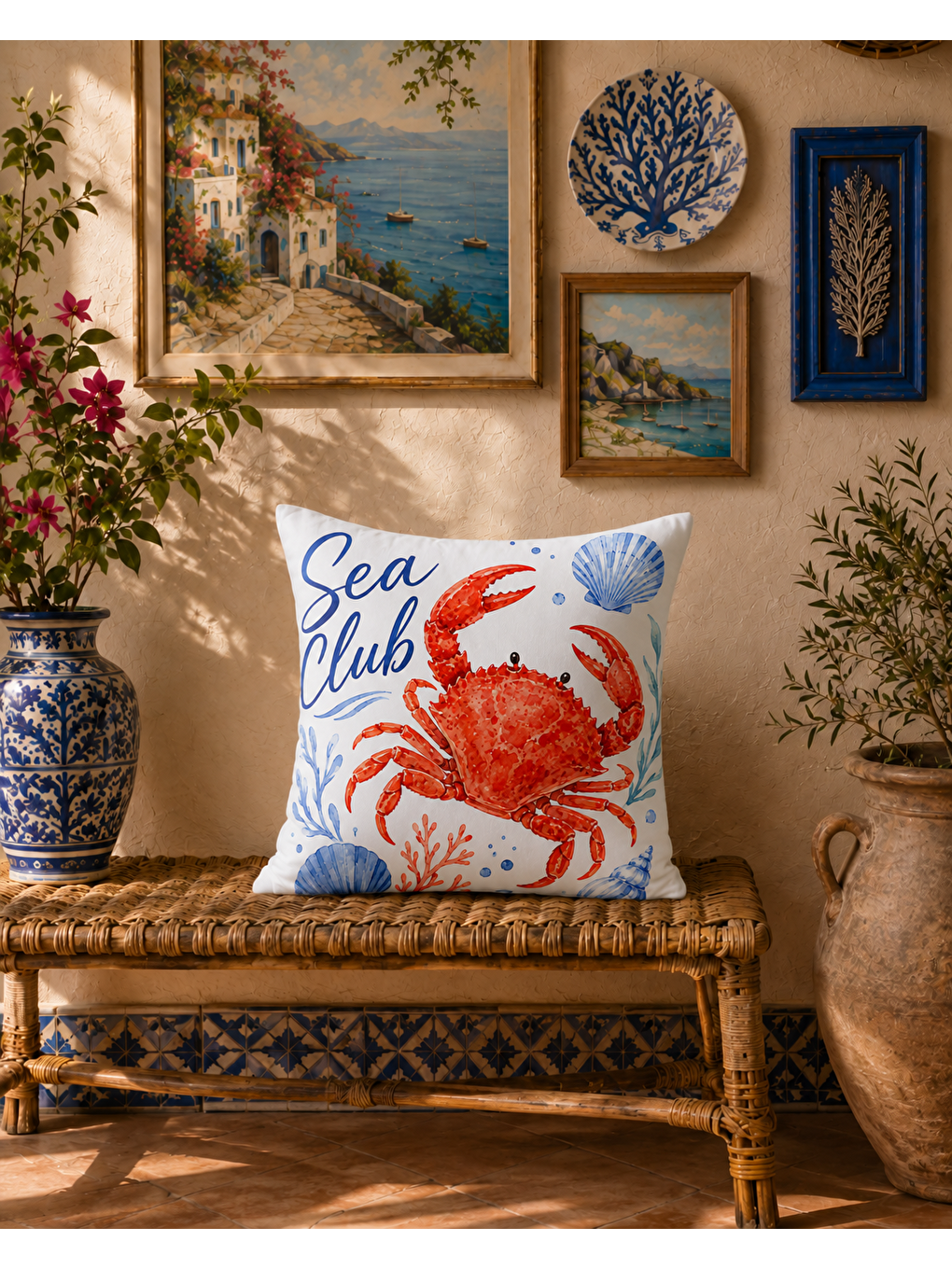 Sarı Deniz Yengeci Desenli Baskılı Kırlent Kılıfı 43x43 cm-4