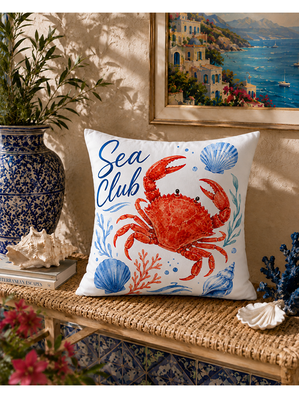 Sarı Deniz Yengeci Desenli Baskılı Kırlent Kılıfı 43x43 cm-5