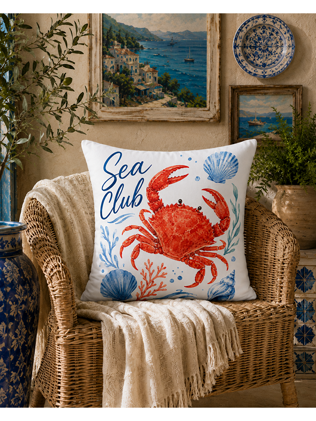 Sarı Deniz Yengeci Desenli Baskılı Kırlent Kılıfı 43x43 cm-6