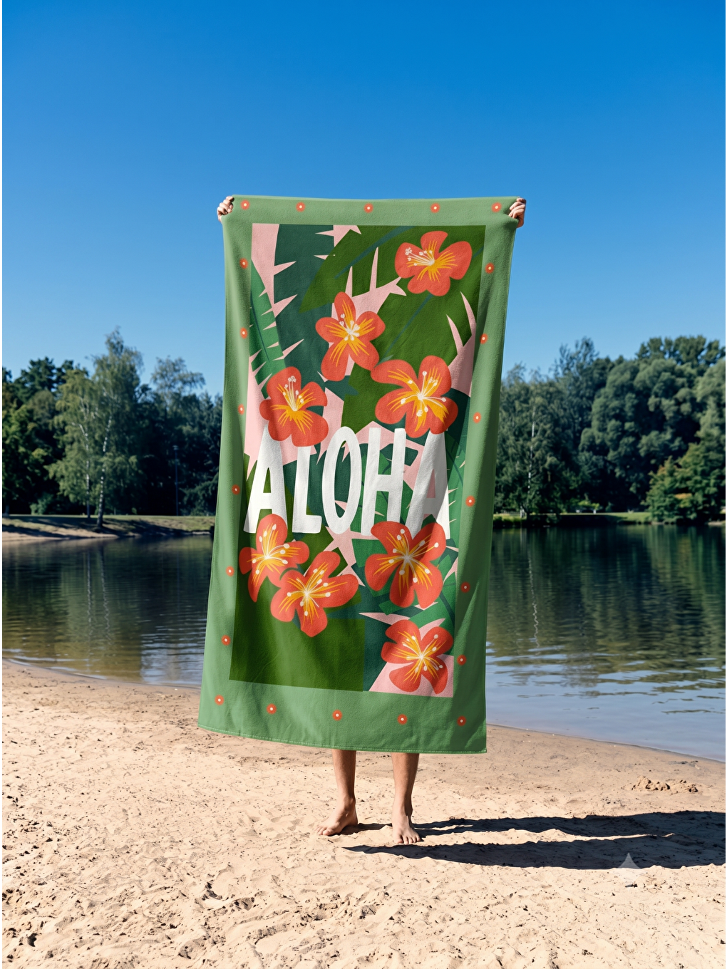 Yeşil Tropikal Yaprak Desenli Aloha Yazılı Plaj Havlusu 75x150