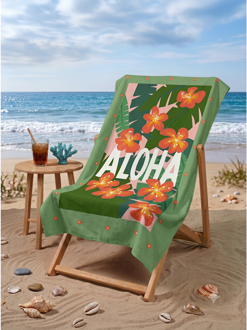 Yeşil Tropikal Yaprak Desenli Aloha Yazılı Plaj Havlusu 75x150-1