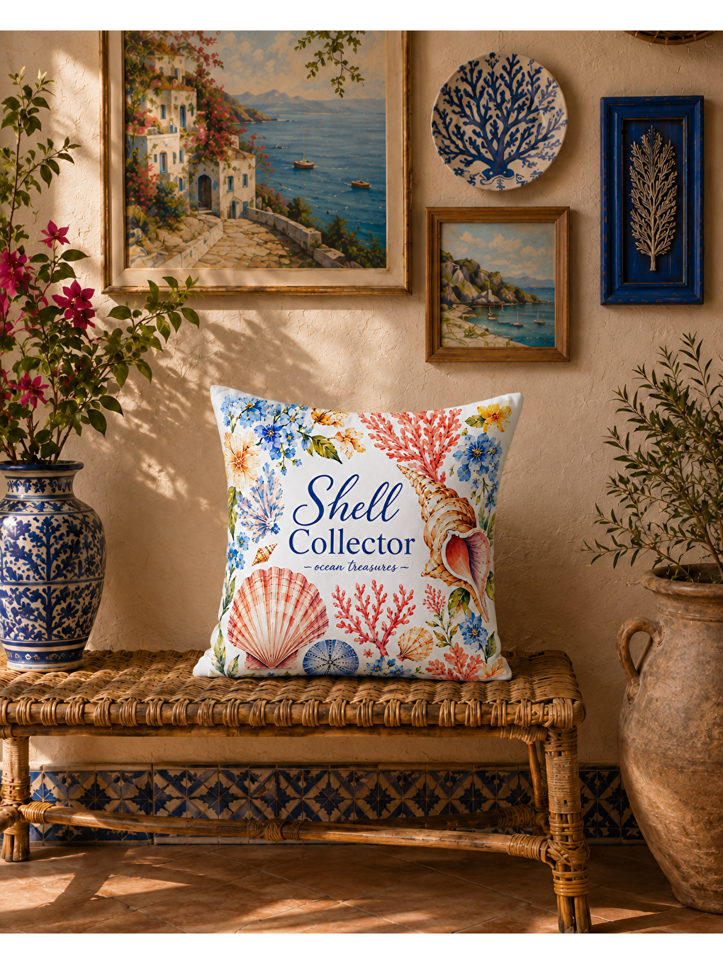 Pembe Deniz Kabuğu Desenli Pudra Baskılı Kırlent Kılıfı 43x43 cm-1