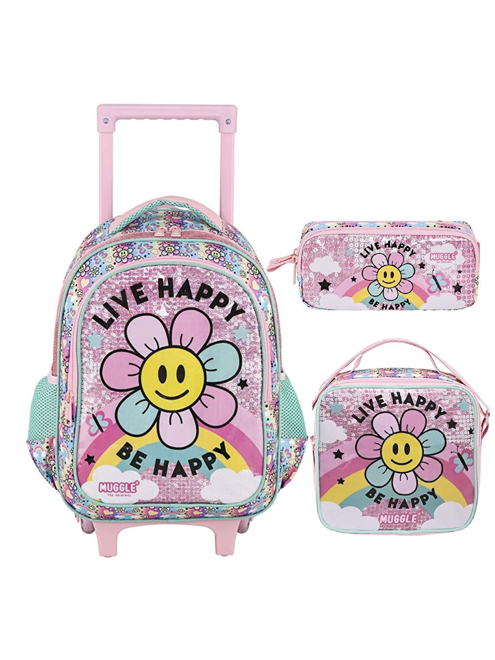 2 Bölmeli Live Happy Çekçekli Okul Çantası + Termoslu Beslenme Çantası + Kalemlik