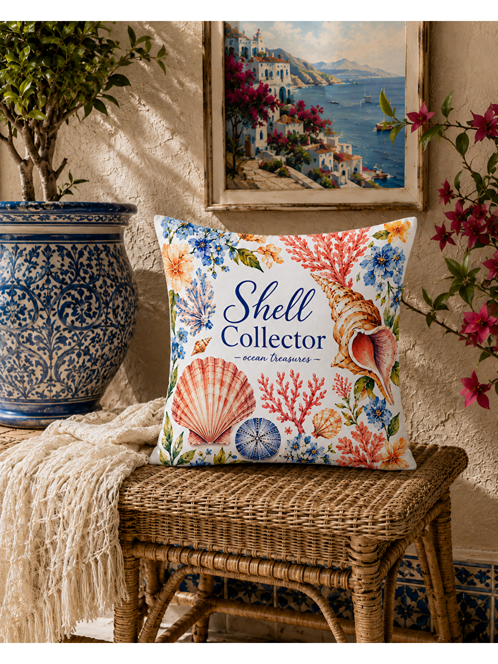 Pembe Deniz Kabuğu Desenli Pudra Baskılı Kırlent Kılıfı 43x43 cm-5