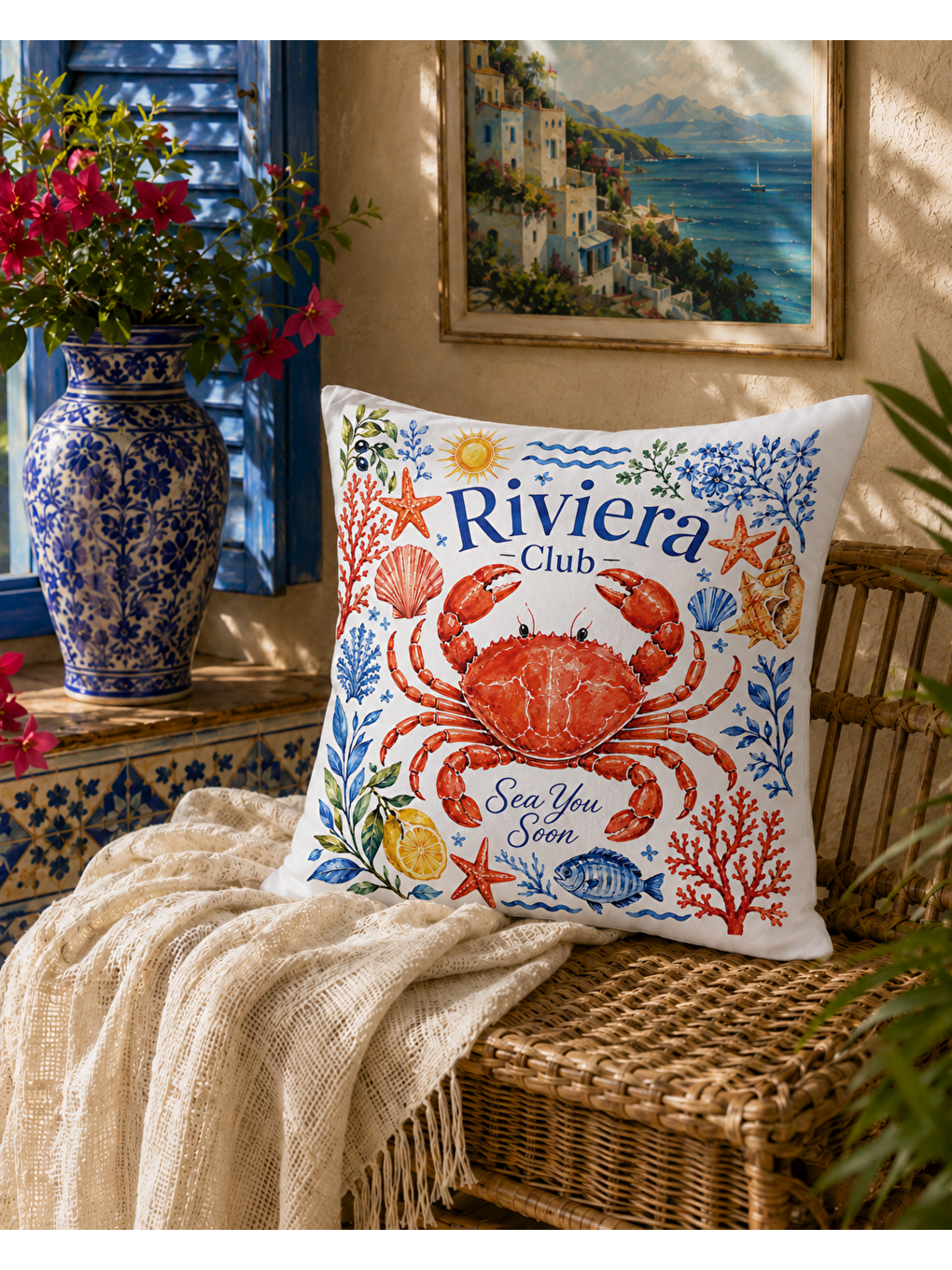 Bordo Riviera Yengeç Desenli Baskılı Kırlent Kılıfı 43x43 cm