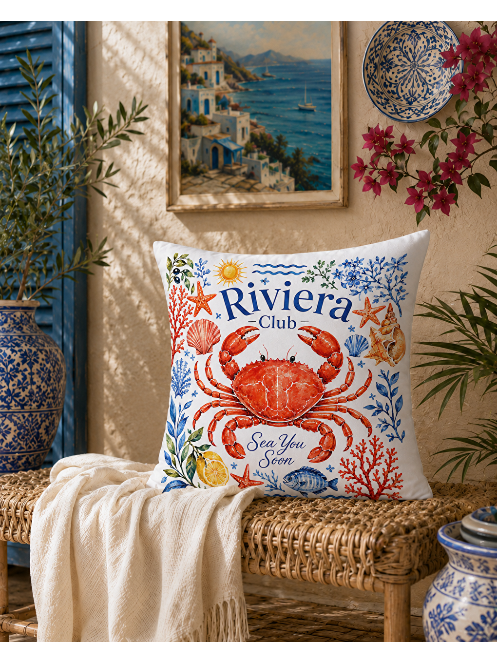 Bordo Riviera Yengeç Desenli Baskılı Kırlent Kılıfı 43x43 cm-1
