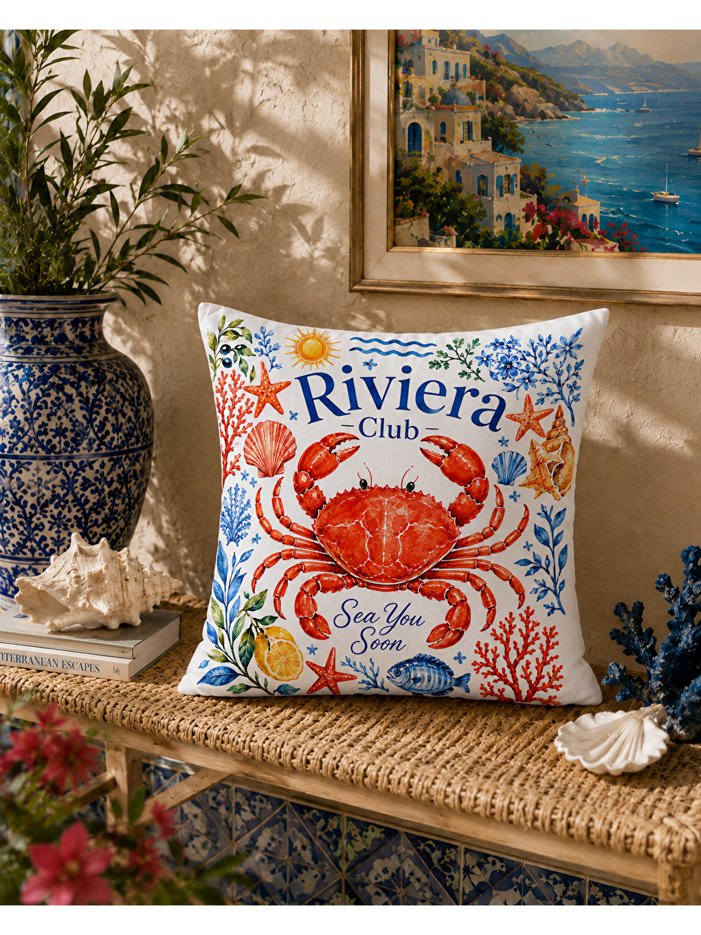 Bordo Riviera Yengeç Desenli Baskılı Kırlent Kılıfı 43x43 cm-2