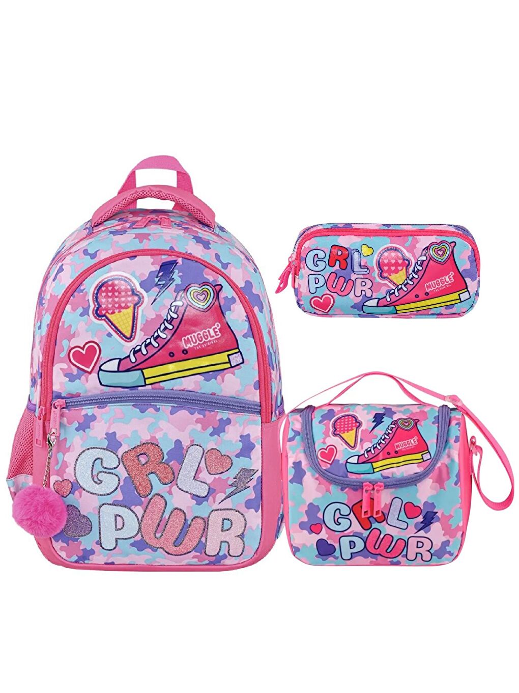 3 Bölmeli Girl Power Çanta + Termoslu Beslenme Çantası + Kalemlik