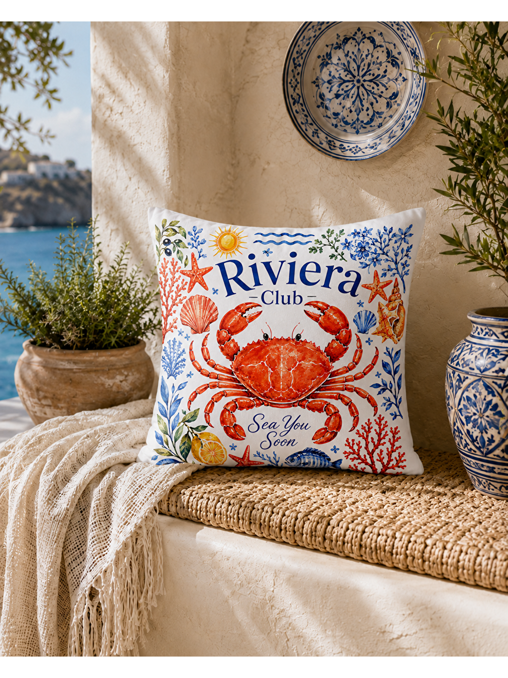 Bordo Riviera Yengeç Desenli Baskılı Kırlent Kılıfı 43x43 cm-3