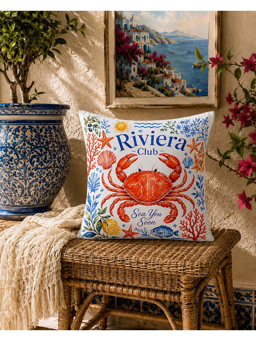 Bordo Riviera Yengeç Desenli Baskılı Kırlent Kılıfı 43x43 cm-4