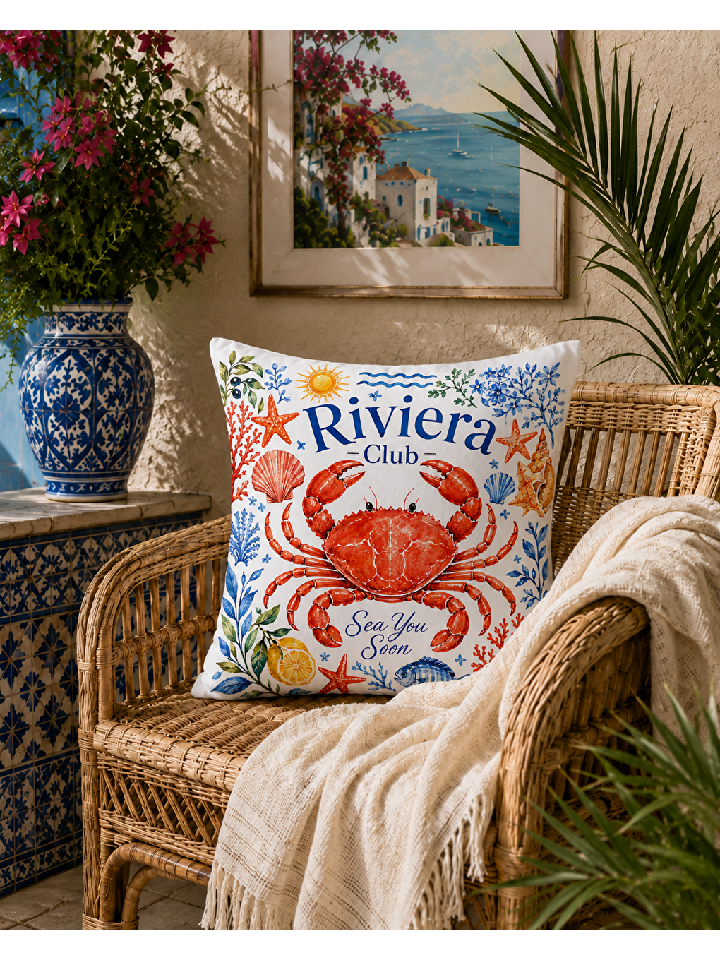 Bordo Riviera Yengeç Desenli Baskılı Kırlent Kılıfı 43x43 cm-5