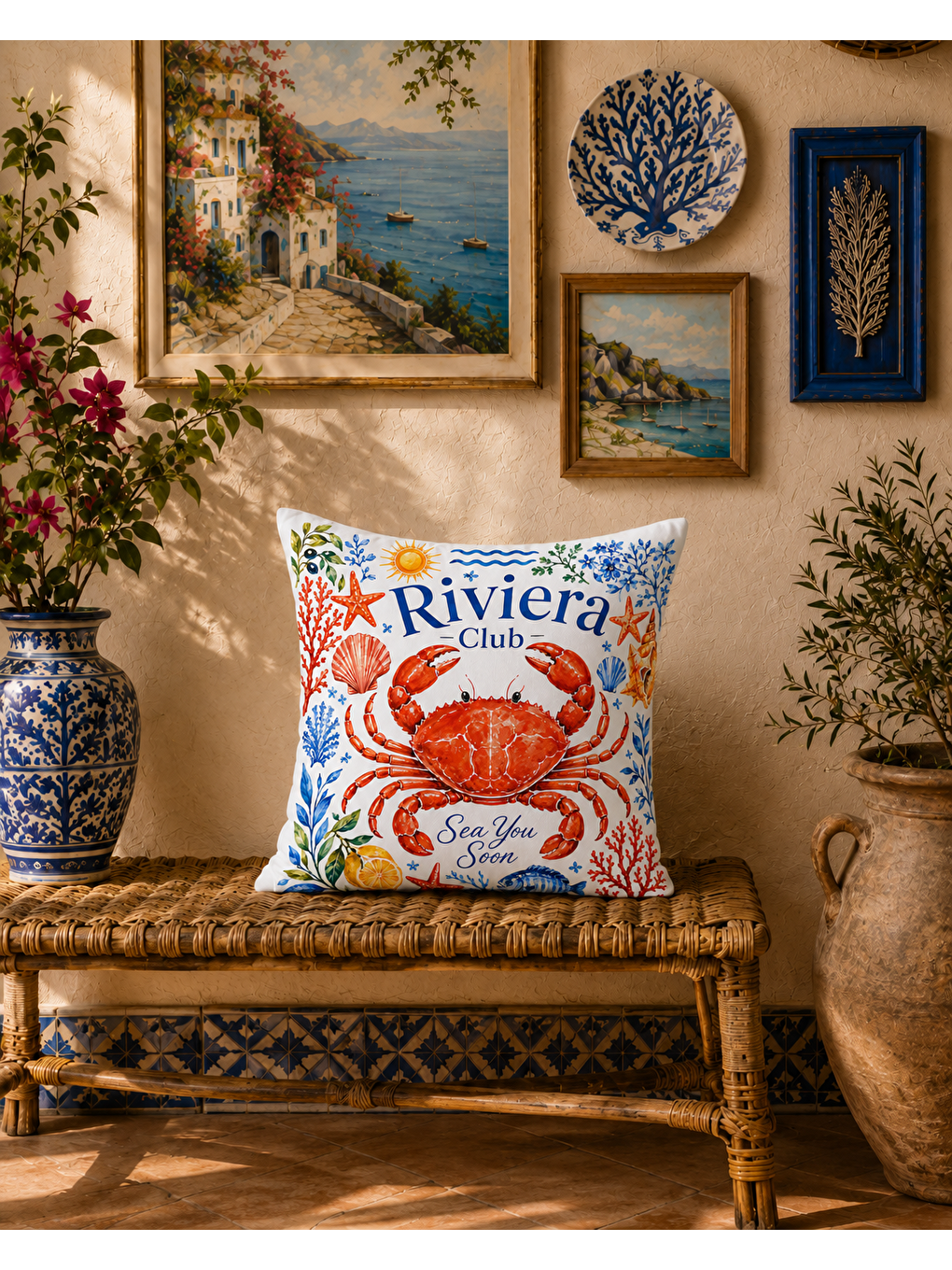 Bordo Riviera Yengeç Desenli Baskılı Kırlent Kılıfı 43x43 cm-6