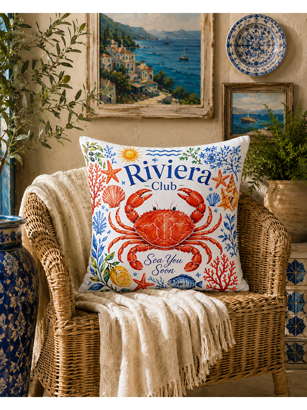Bordo Riviera Yengeç Desenli Baskılı Kırlent Kılıfı 43x43 cm-7