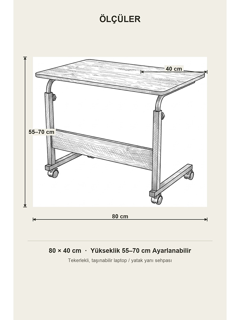 Renksiz Piko Tekerlekli Laptop Sehpası | Ahşap Desenli, Yükseklik Ayarlı Yan Çalışma Sehpası-1